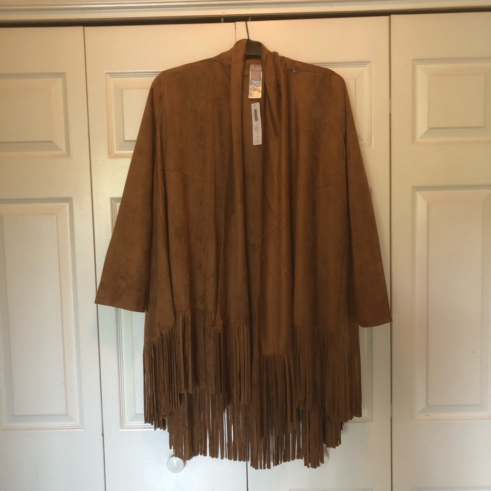 Chico’s fringed tan suede jacket